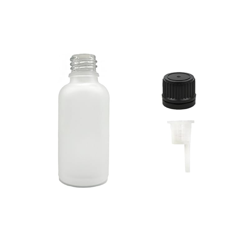 50ml Frosted Clear Glass Dropper Bottle with 0.6mm Dripper Insert and Tamper Evident Black Cap (Type II)