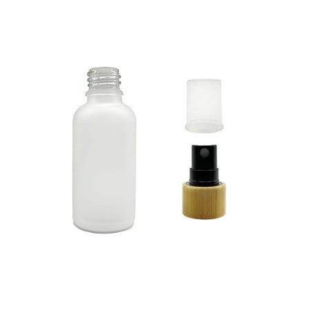 50ml Frosted Clear Glass Dropper Bottle with Black Atomiser with Bamboo Collar and Clear Over Cap