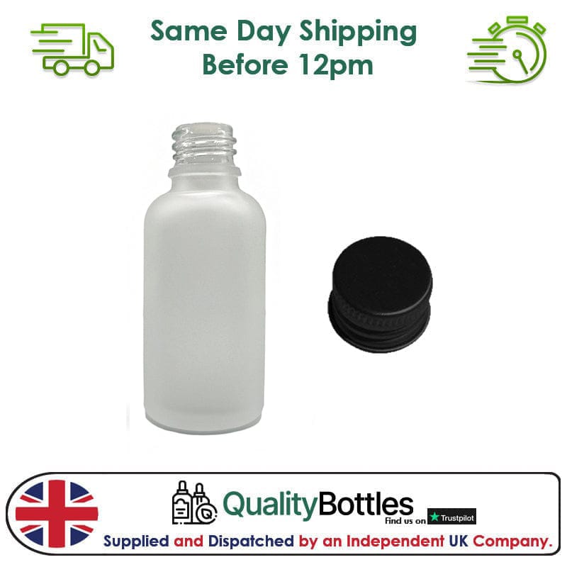 50ml Frosted Clear Glass Dropper Bottle with Black DIN18 Cap - Pack of 12