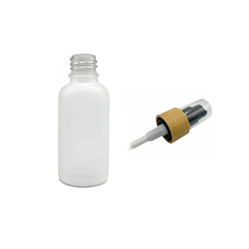 50ml Frosted Clear Glass Dropper Bottle with Black Lotion Pump with Bamboo Collar and Clear Over Cap