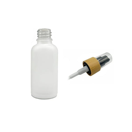 50ml Frosted Clear Glass Dropper Bottle with Black Lotion Pump with Bamboo Collar and Clear Over Cap