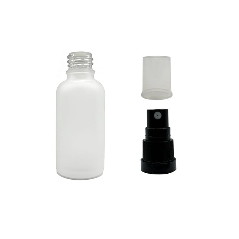 50ml Frosted Clear Glass Dropper Bottle with Black Tamper Evident Atomiser with Clear Over Cap (Type III)