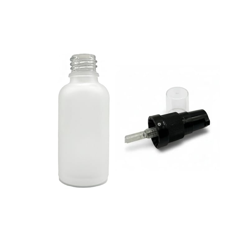 50ml Frosted Clear Glass Dropper Bottle with Black Tamper Evident Lotion Pump with Clear Over Cap (Type III)
