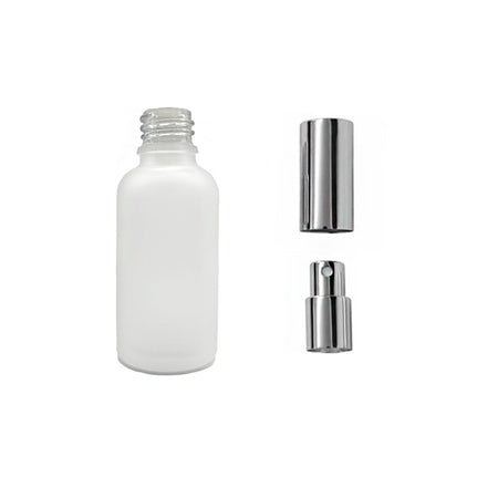 50ml Frosted Clear Glass Dropper Bottle with Silver Atomiser with Silver Over Cap
