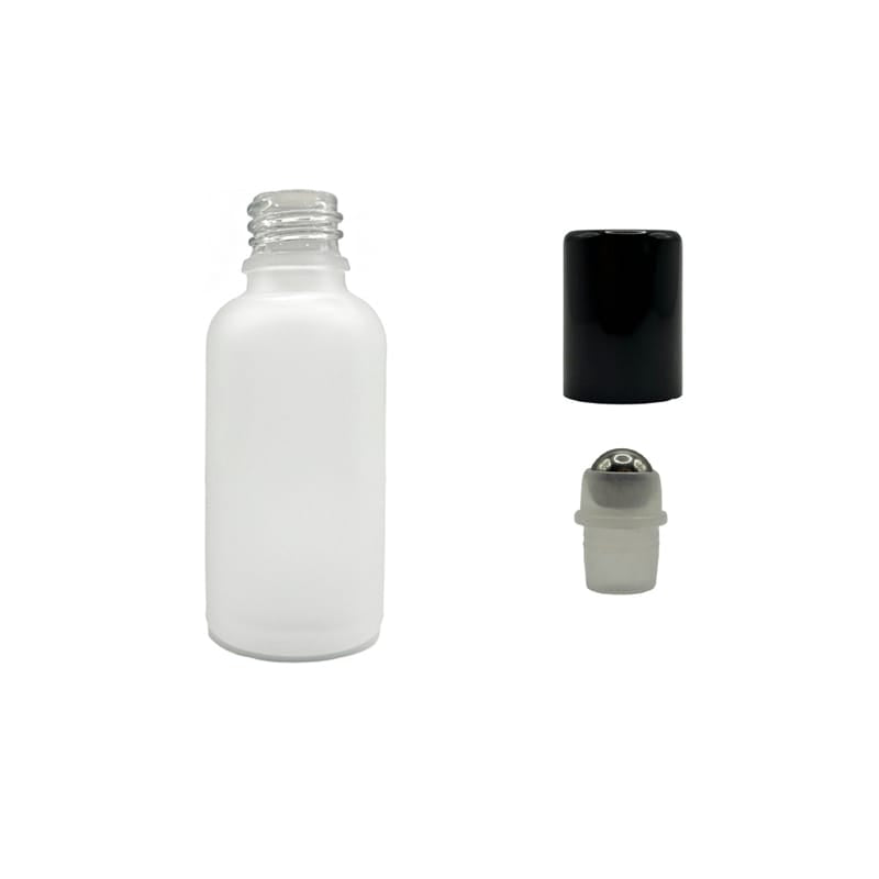 50ml Frosted Clear Glass Dropper Bottle with Stainless Steel Roller Ball with Metal Gloss Black Cap