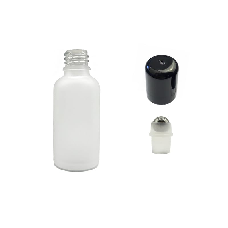 50ml Frosted Clear Glass Dropper Bottle with Stainless Steel Roller Ball with Plastic Black Cap