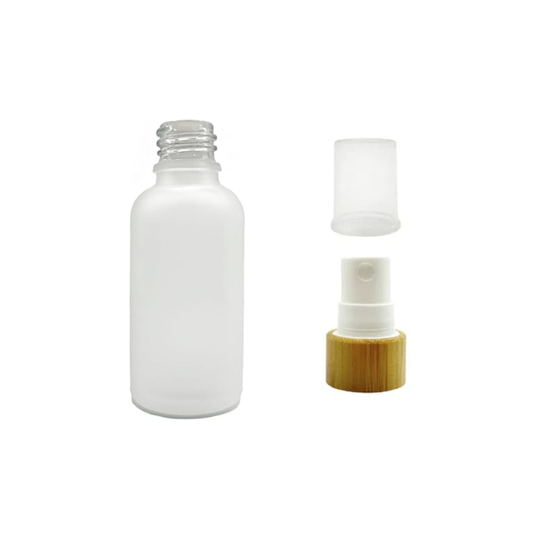 50ml Frosted Clear Glass Dropper Bottle with White Atomiser with Bamboo Collar and Clear Over Cap