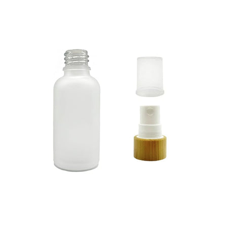 50ml Frosted Clear Glass Dropper Bottle with White Atomiser with Bamboo Collar and Clear Over Cap