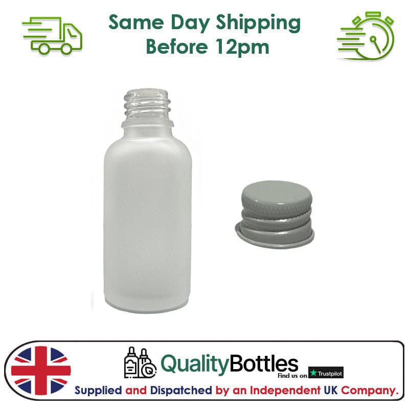 50ml Frosted Clear Glass Dropper Bottle with White DIN18 Cap - Pack of 12