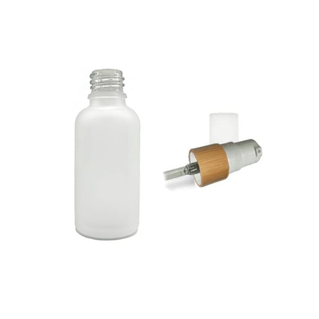 50ml Frosted Clear Glass Dropper Bottle with White Lotion Pump with Bamboo Collar and Clear Over Cap
