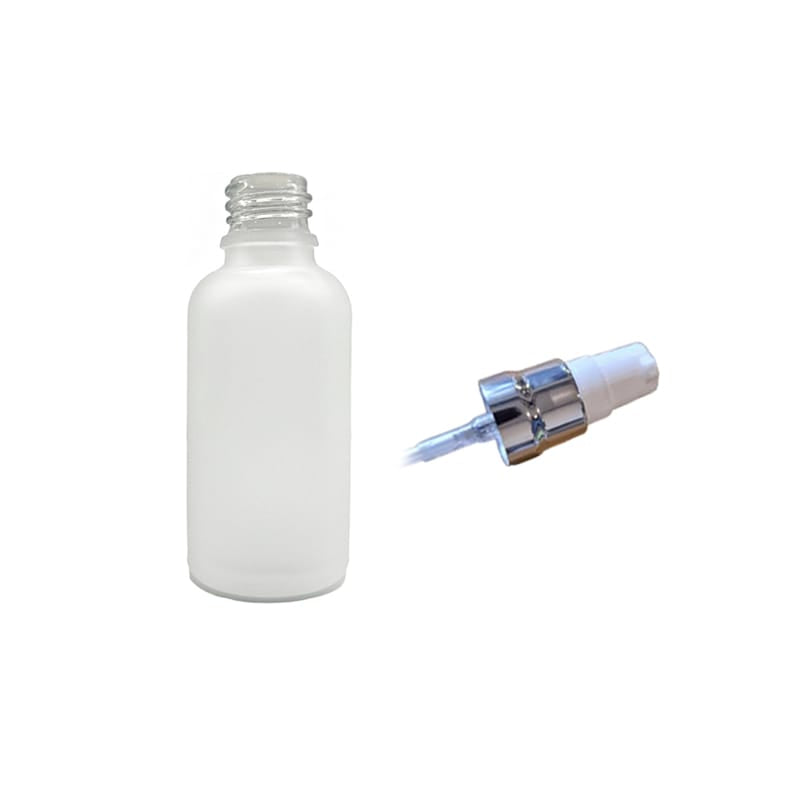 50ml Frosted Clear Glass Dropper Bottle with White Lotion Pump with Silver Collar and Clear Over Cap
