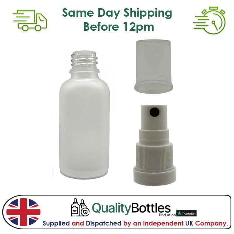 50ml Frosted Clear Glass Dropper Bottle with White TE Atomiser - Pack of 12