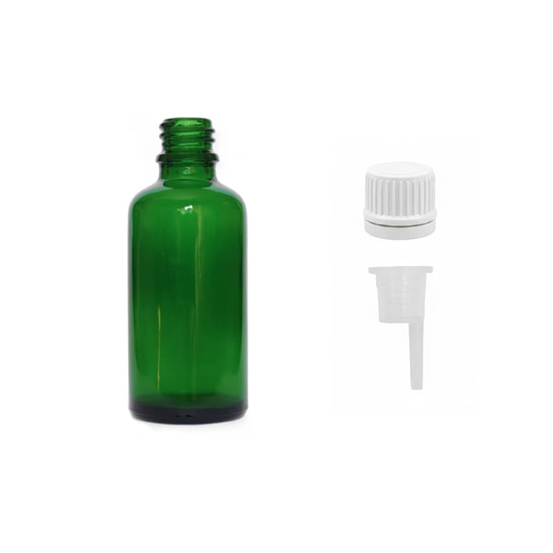 50ml Green Glass Dropper Bottle with 0.6mm Dripper Insert and Tamper Evident White Cap (Type II)