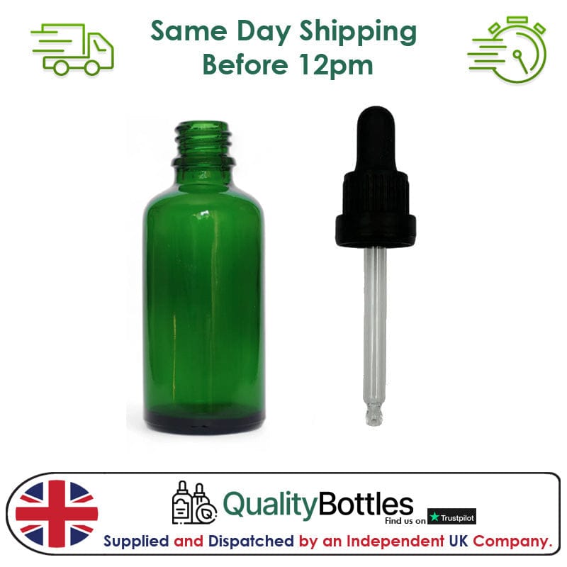 50ml Green Glass Dropper Bottle with 50ml Black TE BEP - Pack of 12