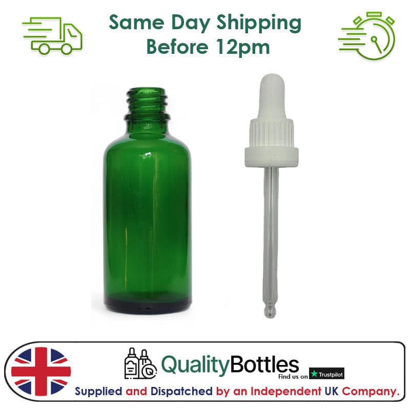 50ml Green Glass Dropper Bottle with 50ml White TE BEP - Pack of 12