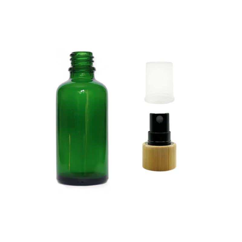 50ml Green Glass Dropper Bottle with Black Atomiser with Bamboo Collar and Clear Over Cap