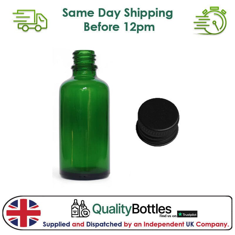 50ml Green Glass Dropper Bottle with Black DIN18 Cap - Pack of 12