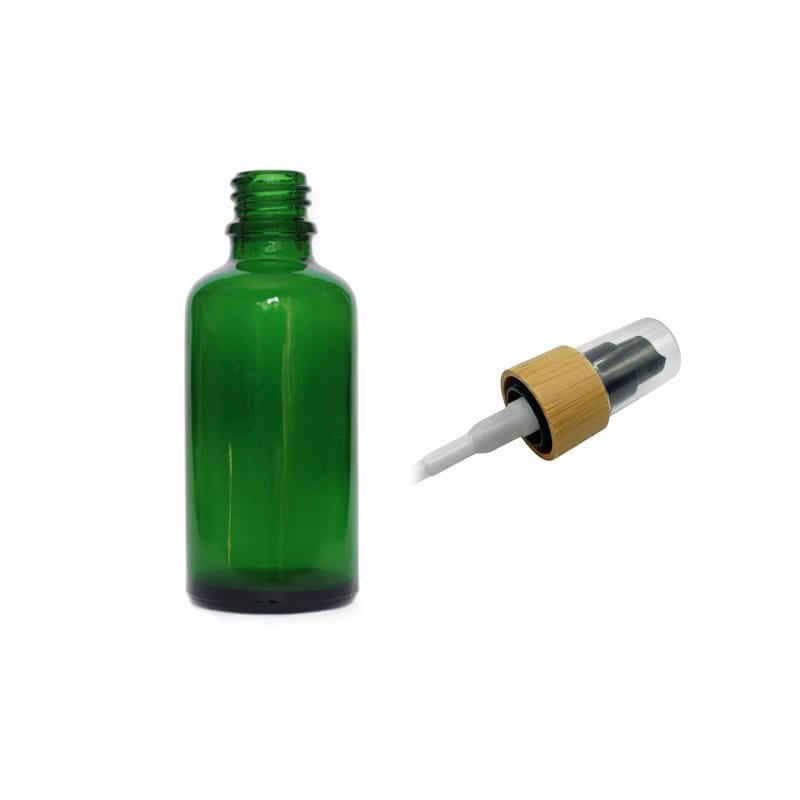 50ml Green Glass Dropper Bottle with Black Lotion Pump with Bamboo Collar and Clear Over Cap