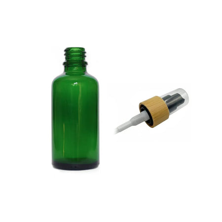 50ml Green Glass Dropper Bottle with Black Lotion Pump with Bamboo Collar and Clear Over Cap