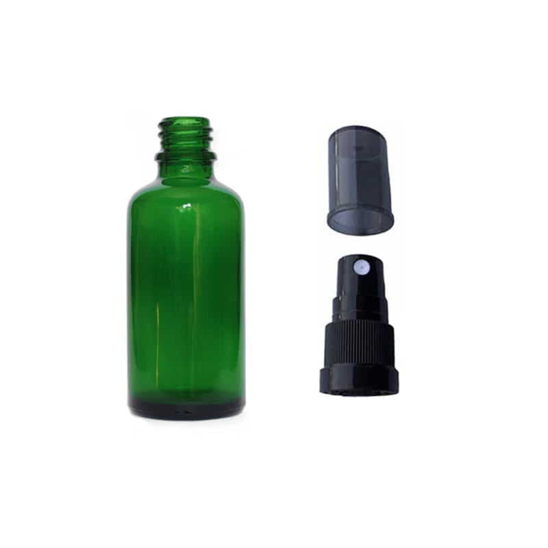 50ml Green Glass Dropper Bottle with Black Tamper Evident Atomiser with Dark Tinted Over Cap (Type III)