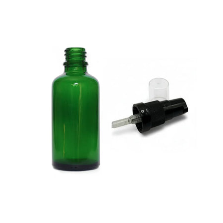 50ml Green Glass Dropper Bottle with Black Tamper Evident Lotion Pump with Clear Over Cap (Type III)