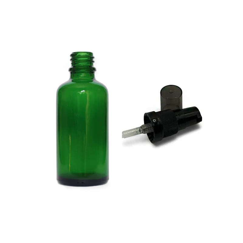 50ml Green Glass Dropper Bottle with Black Tamper Evident Lotion Pump with Smoke Tinted Over Cap (Type III)