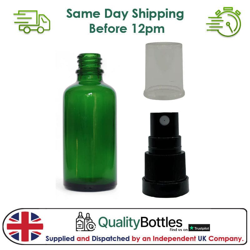 50ml Green Glass Dropper Bottle with Black TE Atomiser - Pack of 12