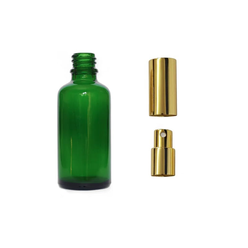50ml Green Glass Dropper Bottle with Gold Atomiser with Gold Over Cap