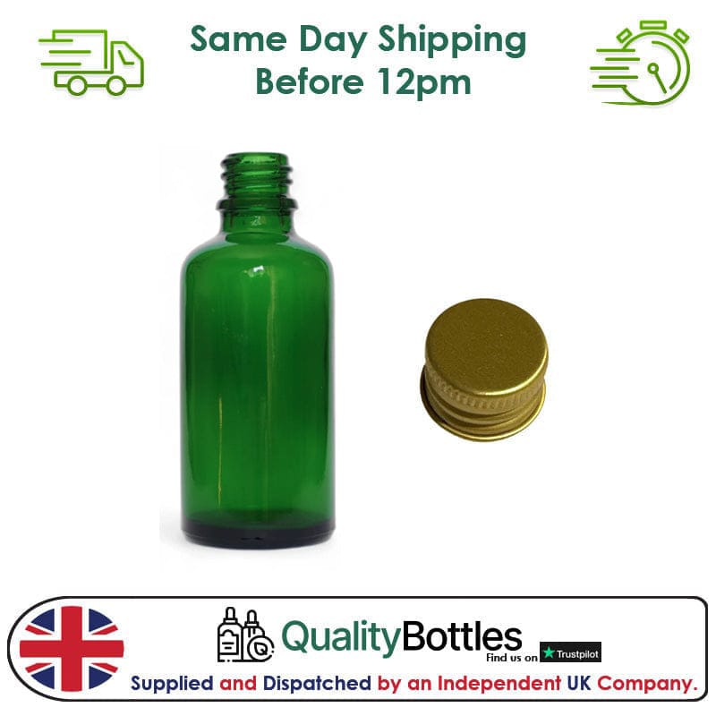 50ml Green Glass Dropper Bottle with Gold DIN18 Cap - Pack of 12