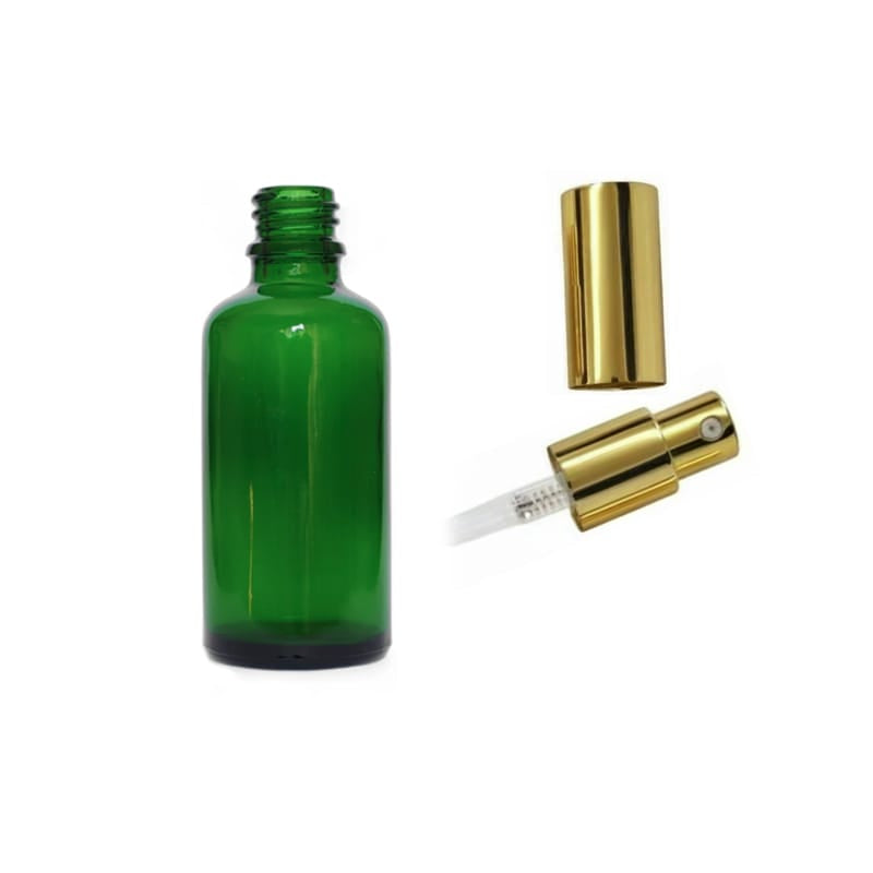 50ml Green Glass Dropper Bottle with Gold Lotion Pump with Gold Over Cap