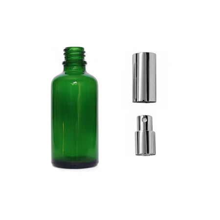 50ml Green Glass Dropper Bottle with Silver Atomiser with Silver Over Cap