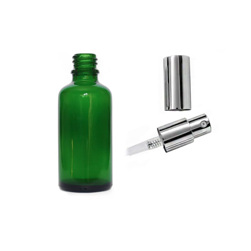50ml Green Glass Dropper Bottle with Silver Lotion Pump with Silver Over Cap