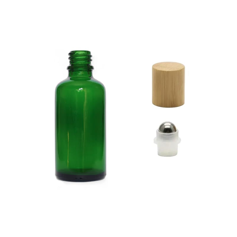50ml Green Glass Dropper Bottle with Stainless Steel Roller Ball Insert with Bamboo Cap