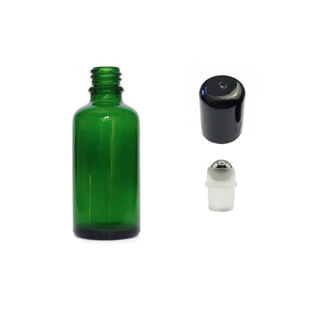 50ml Green Glass Dropper Bottle with Stainless Steel Roller Ball with Plastic Black Cap