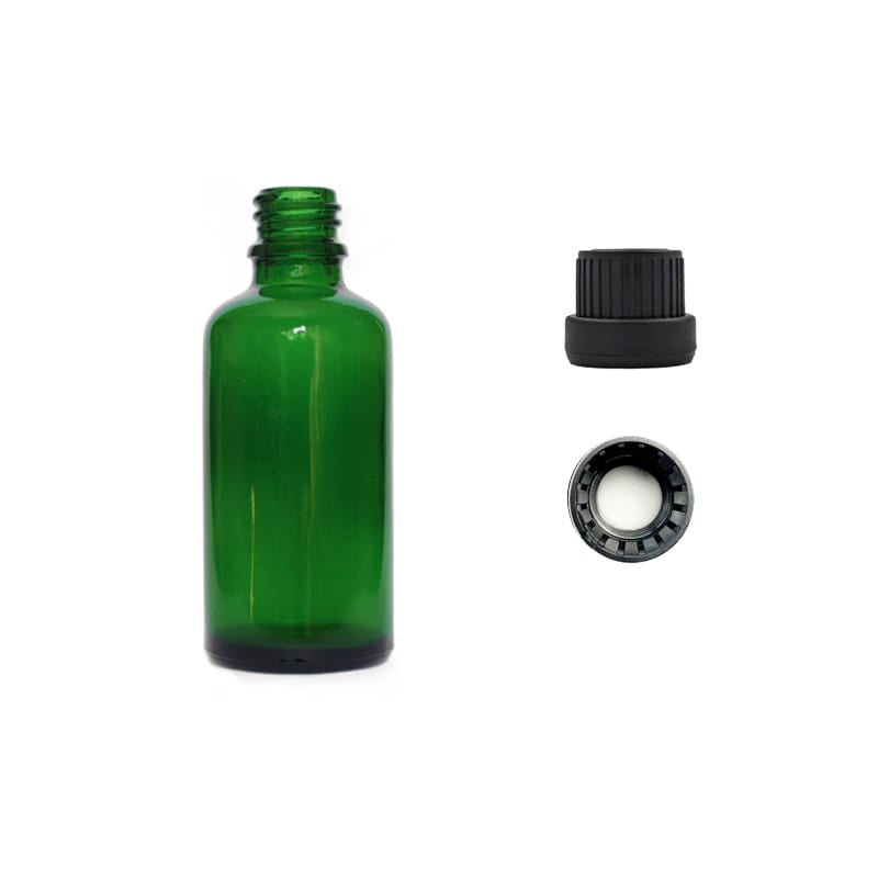 50ml Green Glass Dropper Bottle with Tamper Evident Ribbed Black Cap and EPE Liner (Type III)