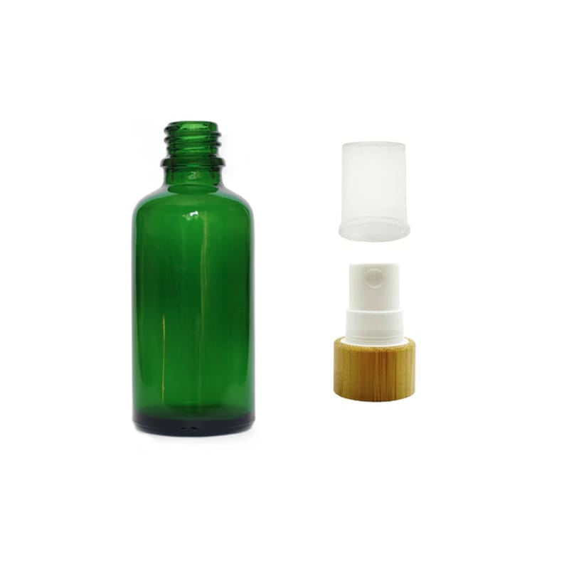 50ml Green Glass Dropper Bottle with White Atomiser with Bamboo Collar and Clear Over Cap