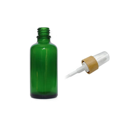 50ml Green Glass Dropper Bottle with White Lotion Pump with Bamboo Collar and Clear Over Cap