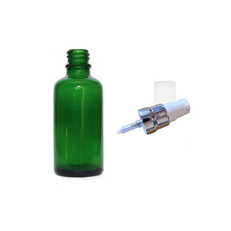 50ml Green Glass Dropper Bottle with White Lotion Pump with Silver Collar and Clear Over Cap