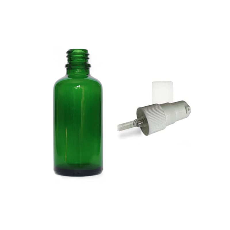 50ml Green Glass Dropper Bottle with White Tamper Evident Lotion Pump and Clear Over Cap (Type III)