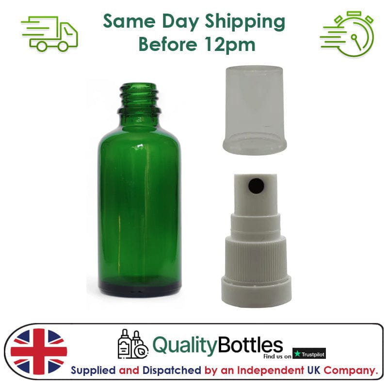 50ml Green Glass Dropper Bottle with White TE Atomiser - Pack of 12