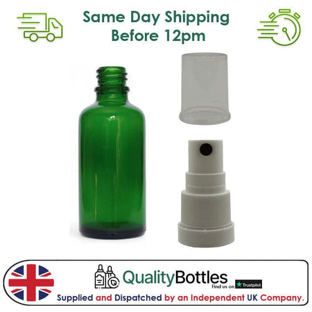 50ml Green Glass Dropper Bottle with White TE Atomiser - Pack of 12