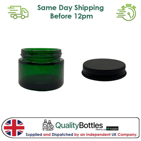 50ml Green Glass Jar With Matte Black Aluminium Lid - Pack of 15