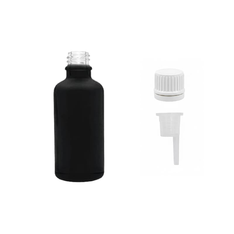 50ml Matte Black Glass Dropper Bottle with 0.6mm Dripper Insert and Tamper Evident White Cap (Type II)