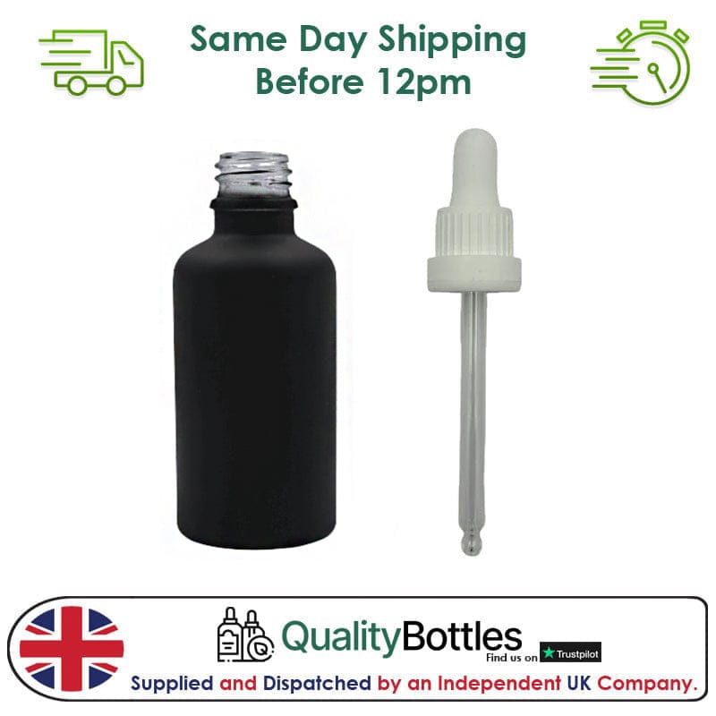 50ml Matte Black Glass Dropper Bottle with 50ml White TE BEP - Pack of 12