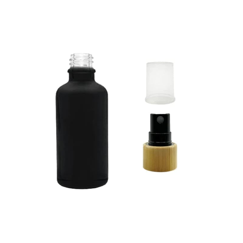 50ml Matte Black Glass Dropper Bottle with Black Atomiser with Bamboo Collar and Clear Over Cap