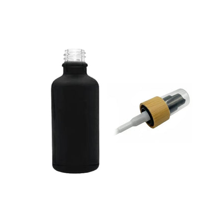 50ml Matte Black Glass Dropper Bottle with Black Lotion Pump with Bamboo Collar and Clear Over Cap