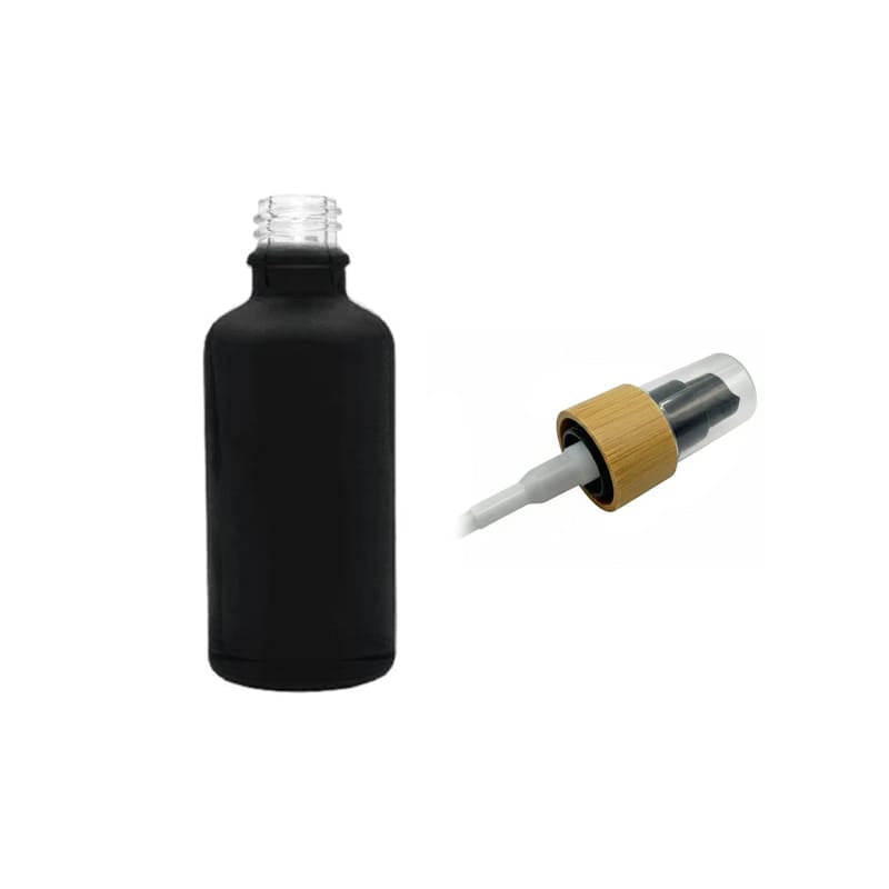 50ml Matte Black Glass Dropper Bottle with Black Lotion Pump with Bamboo Collar and Clear Over Cap