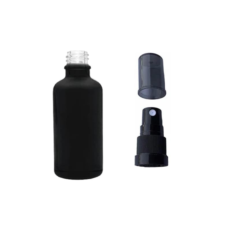 50ml Matte Black Glass Dropper Bottle with Black Tamper Evident Atomiser with Dark Tinted Over Cap (Type III)