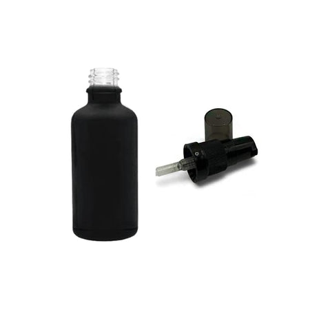 50ml Matte Black Glass Dropper Bottle with Black Tamper Evident Lotion Pump with Smoke Tinted Over Cap (Type III)