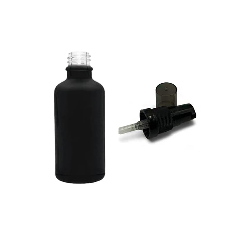 50ml Matte Black Glass Dropper Bottle with Black Tamper Evident Lotion Pump with Smoke Tinted Over Cap (Type III)